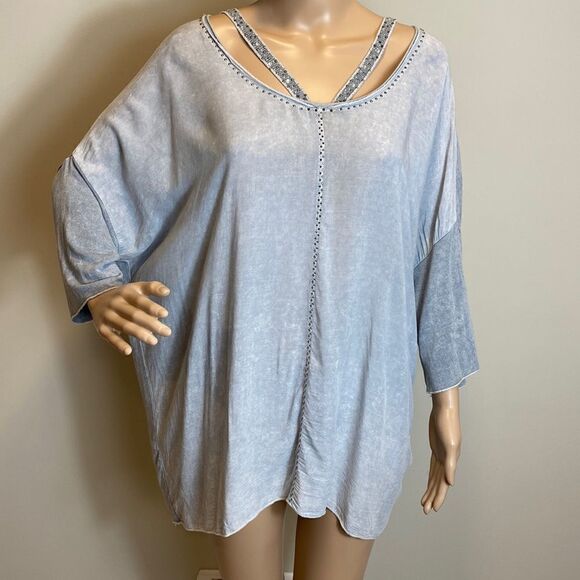 Tredy 3/4 sleeves gray beaded mixed media tunic top size L - Picture 1 of 9